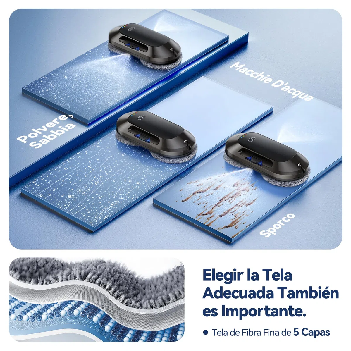 Robot limpiacristales con Función de Pulverización, Succión Turbo de 6500 Pa, 3 Modos de Limpieza y navegación Inteligente para una Limpieza eficaz de Ventanas, W23D
