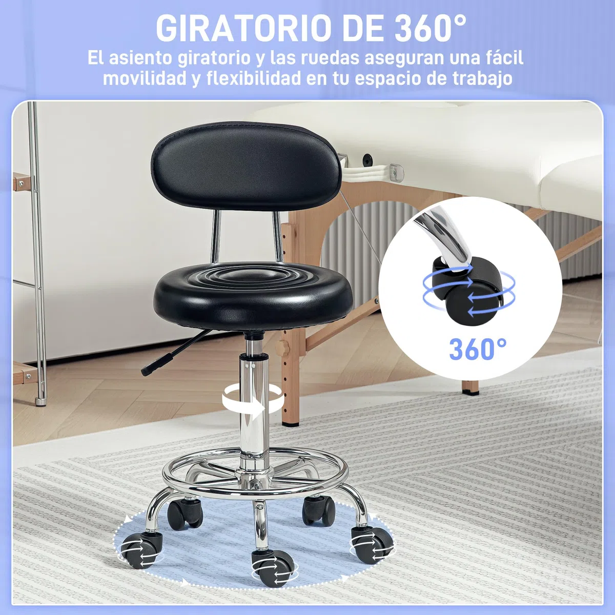 HOMCOM Taburete Giratorio con Ruedas y Respaldo Taburete de Trabajo con Altura Regulable 70-86 cm Asiento Tapizado de Cuero Sintético Negro