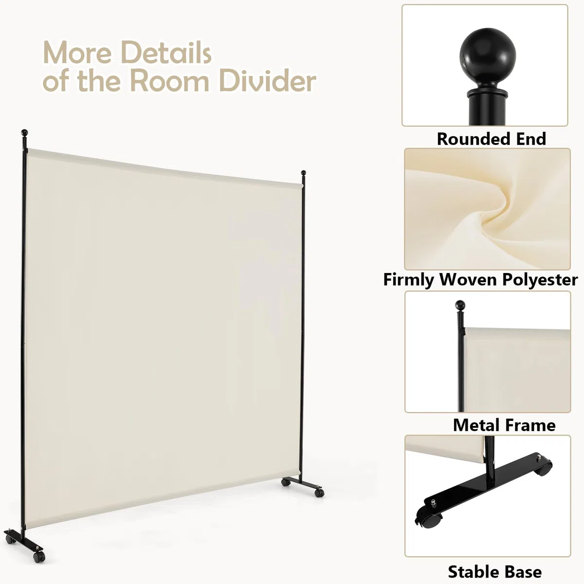 LIFEZEAL Biombo de 1 Panel, Separador para Interior, Exterior, Biombo Móvil Pared Divisoria, Marco de Metal con 4 Ruedas, Protección de Privacidad, Separador de Espacio, Byobu, 184 x 184 cm (Beige)