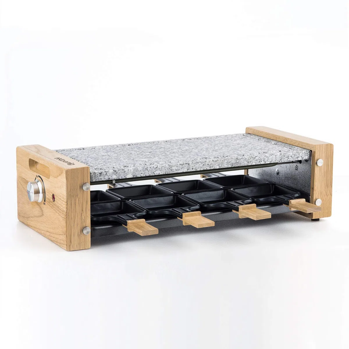 H.Koenig Raclette Multifunción 8 personas WOD8 Diseño en madera natural, Piedra de granito extraíble, Set profesional de fondue de queso raclette, 8 sartenes antiadherentes, 8 espátulas de madera