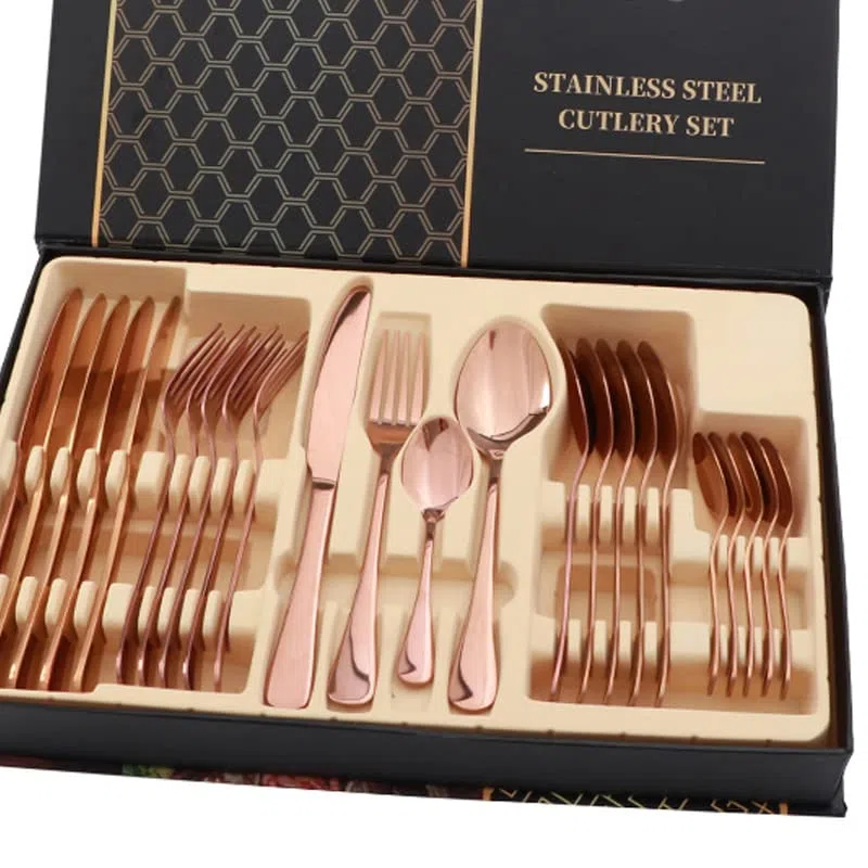 Juego de cubiertos de 24 piezas, juego de cubiertos de acero inoxidable brillante, 24 piezas, cuchillo para carne, tenedor, cuchara, apto para lavavajillas para el hogar o el (Oro rosa)
