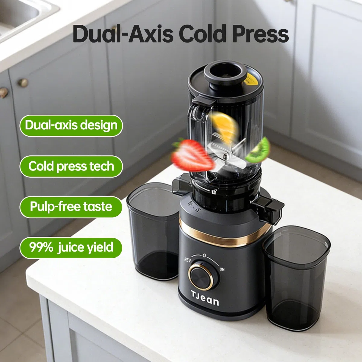 TJean Exprimidor de Prensado Lento con Tolva de Alimentación de 110mm para Verduras y Frutas Enteras, Alto Rendimiento de Jugo, Bajo Consumo Energético, Fácil de Limpiar, Material Tritan sin BPA