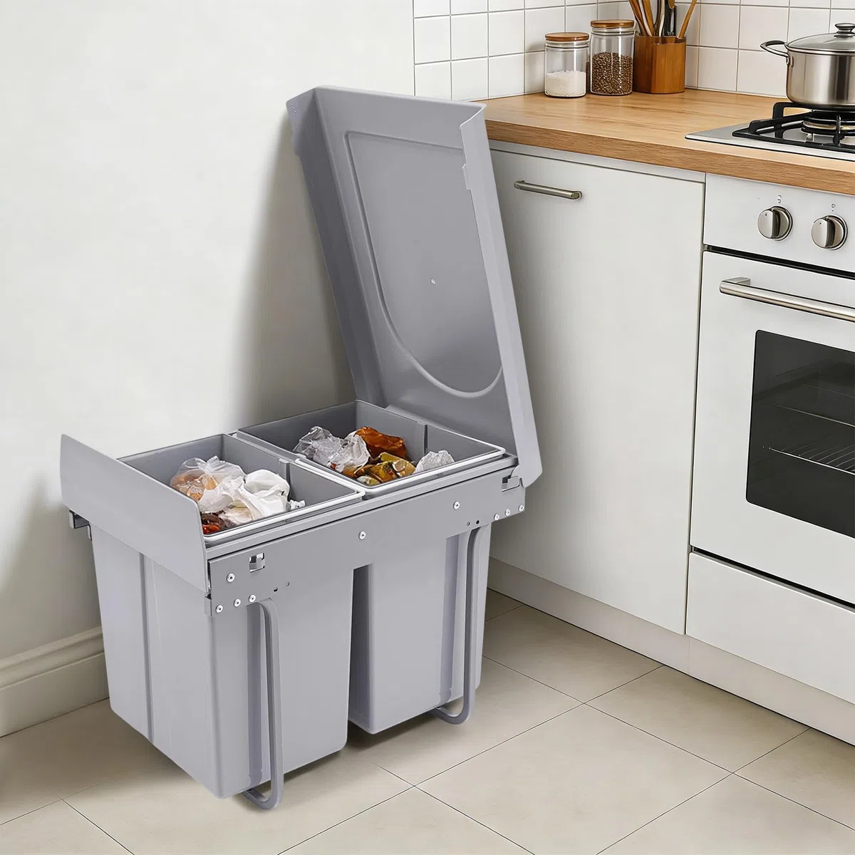 Cubo de basura de cocina de 40 L, extraíble, con 2 cubos, antideslizante, para hogares, restaurantes, cafeterías, oficinas, baños, cocinas, ahorradores de espacio debajo del armario