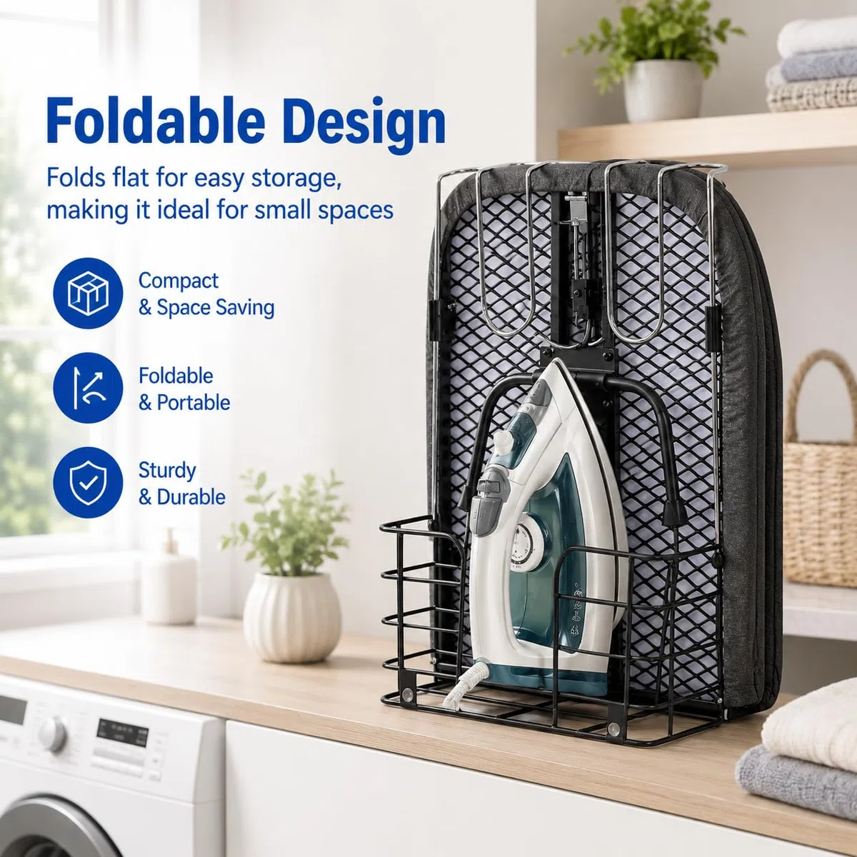 Tabla de Planchar Plegable con Soporte para Plancha para Viajes en el Hogar | Tabla de Planchar Plegable Pequeña de Mesa con Patas Antideslizantes,Gancho,Funda Resistente al Calor,Ahorra Espacio,77x31cm