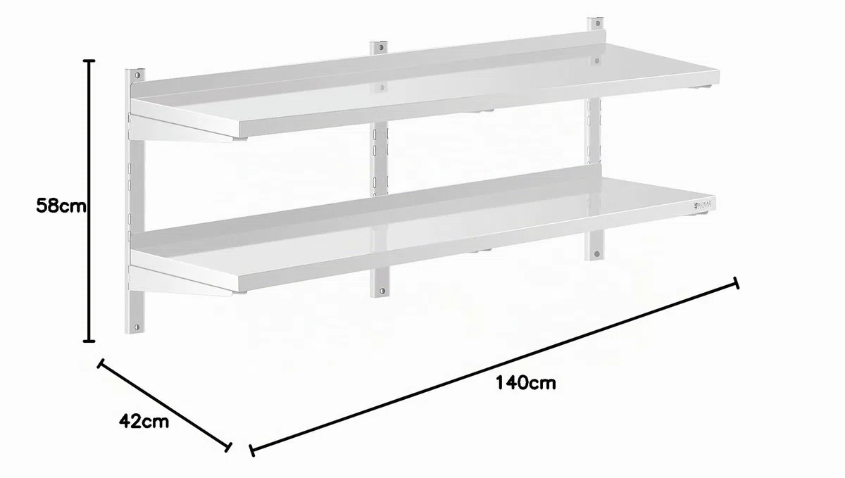 Royal Catering Estante De Pared Metálico Estantería Para Cocina RCWR-1400.4 (Capacidad: 40 kg, Acero Inoxidable, 2 baldas, 40 x 140 cm)