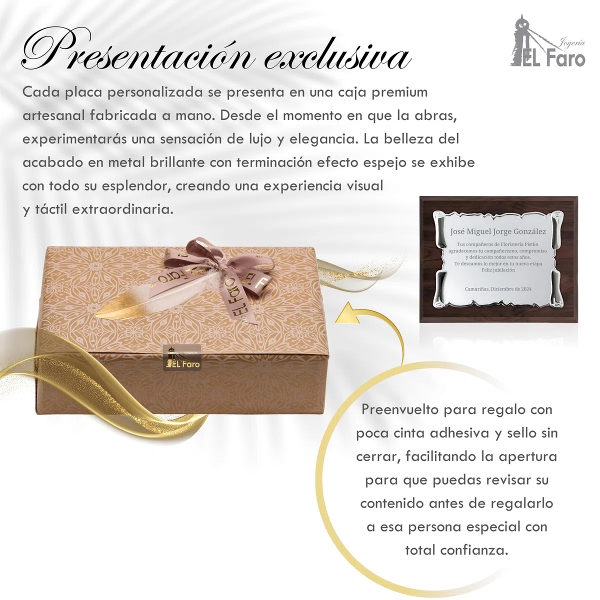 JOYERÍA EL FARO | Placa conmemorativa personalizada con grabado y estuche premium | Ideal para aniversarios, jubilaciones, dedicatorias u homenajes