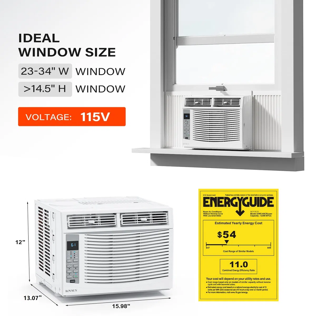 ROVSUN Aire acondicionado para ventanas, 6000 BTU, control remoto y temporizador, ideal para habitaciones de hasta 250 metros cuadrados, 110 V/60 Hz, blanco