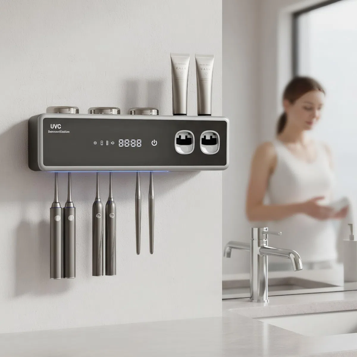 Soportes Inteligentes para cepillos de Dientes, Soporte eléctrico para cepillos de Dientes desinfectante UV montado en la Pared con dispensador de Pasta de para baño (Negro)