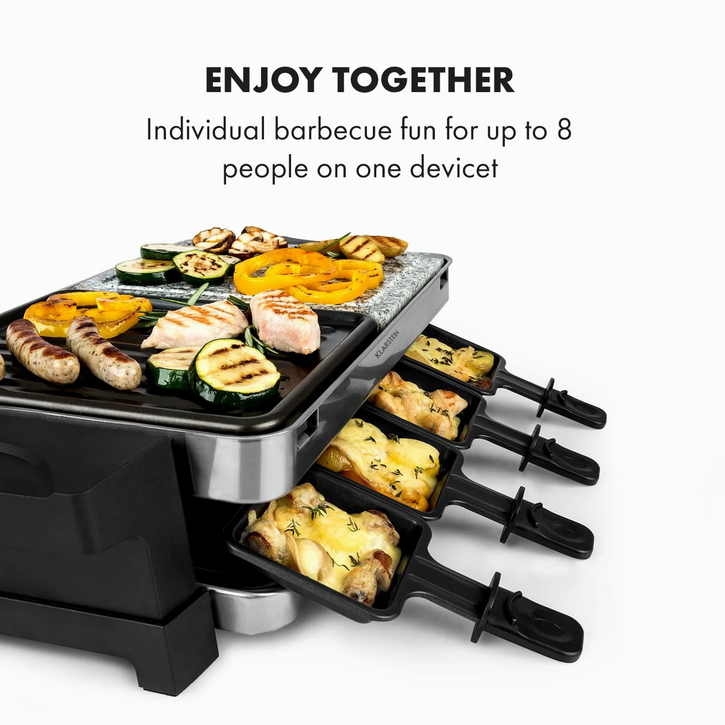 Klarstein Sirloin Grill para raclette, 1500 vatios, 2 en 1: placa de grill de aluminio y placa de piedra natural, Termostato regulable, para 8 personas, Sartenes de raclette de acero