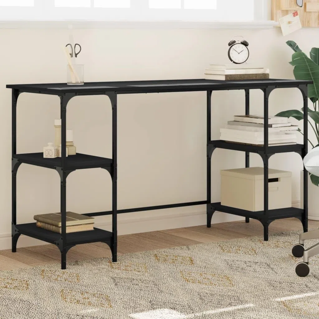 Escritorio negro 140 x 50 x 75 cm de metal y madera con patas ajustables, amplia superficie de trabajo, estantes flexibles para PC, portátil, oficina y oficina en casa
