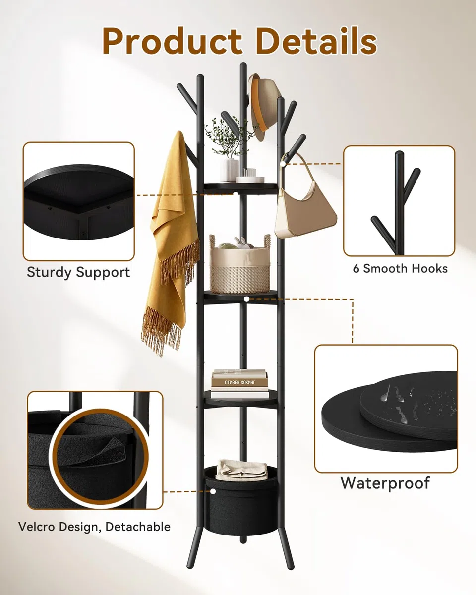 YMYNY Perchero de Entrada, Perchero de Pie para Recibidor con 1 Cesta de Tela, Estantería de Almacenamiento para Salón Dormitorio Pasillo Estilo Industrial, para Bufanda Bolsos Negro HGR005B