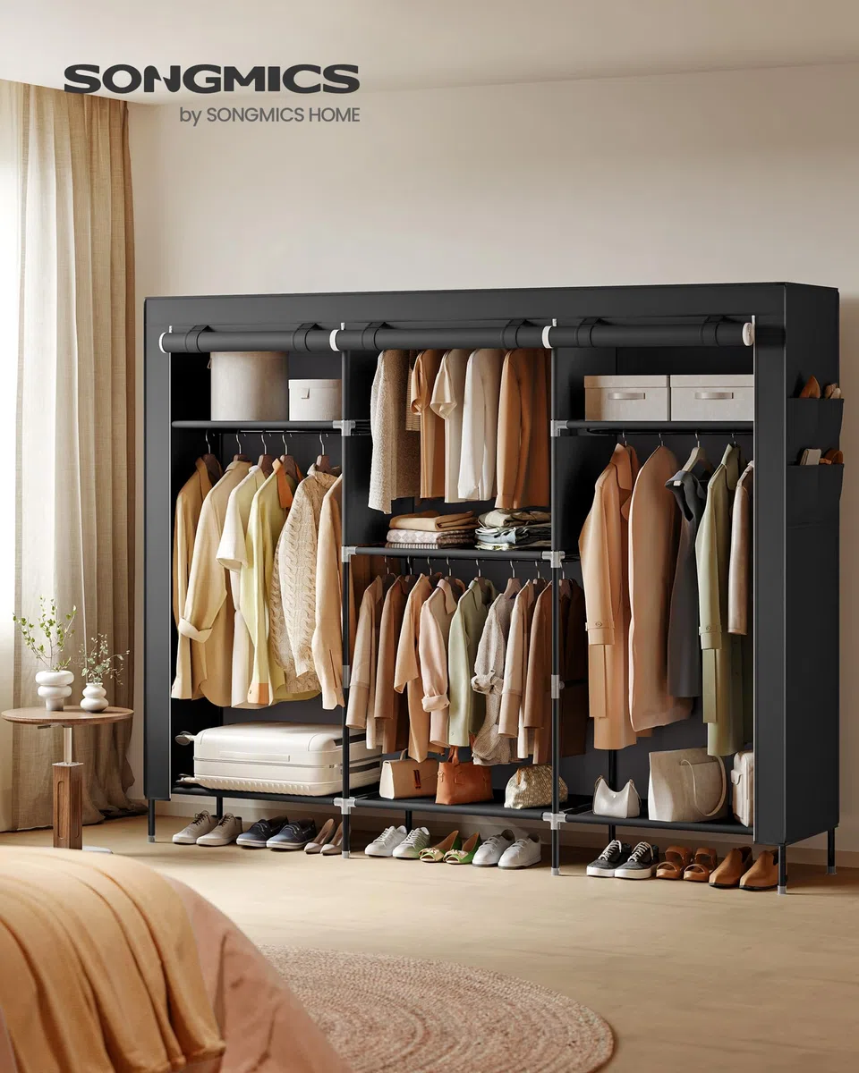 SONGMICS Armario de Ropa de Tela para Dormitorio, Armario Portátil con Barras para Colgar, Baldas y Bolsillos Laterales, Gran Capacidad, 4 Zonas para Colgar Ropa, 45 x 189 x 180 cm, Negro RYG011BZ02