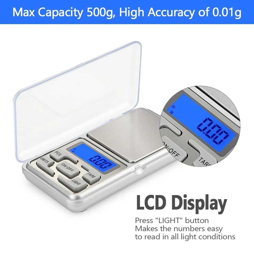 Báscula digital de bolsillo de 2 unidades, capacidad de 500 g, equilibrio de alta precisión, mini gramos electrónicos de recarga de peso, escala de alimentos, báscula de joyería, báscula de cocina
