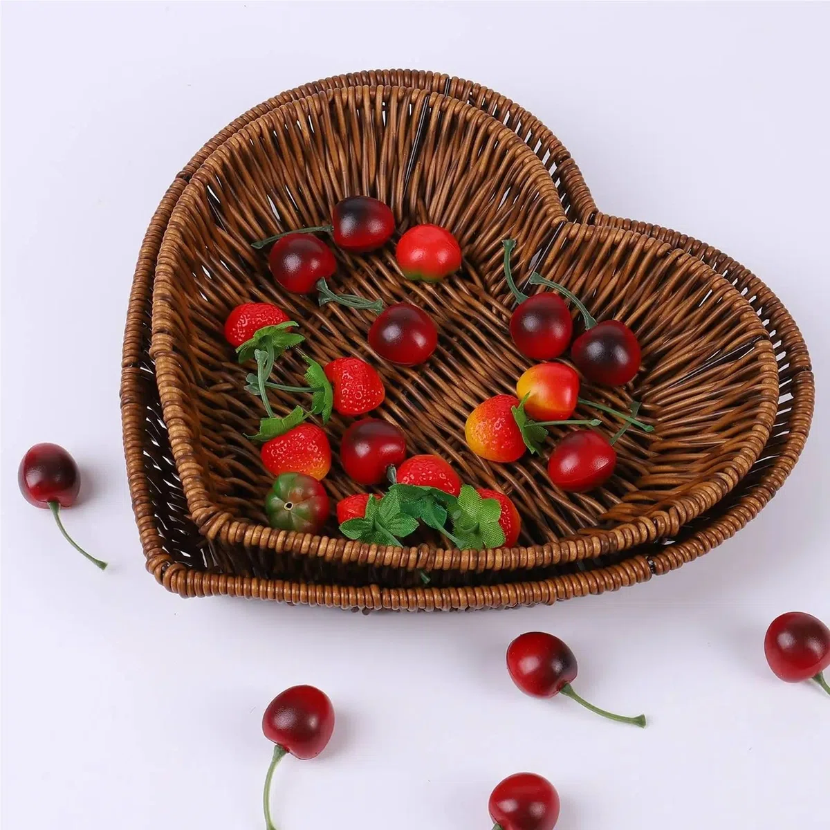 Cesta De Fruta 2 unids/Set Cesta Tejida de Mimbre Tejida cestas for Servir Pan Frutas Verduras Restaurante Servir Mesa Display RATT Cesta De Fruta(A Set)
