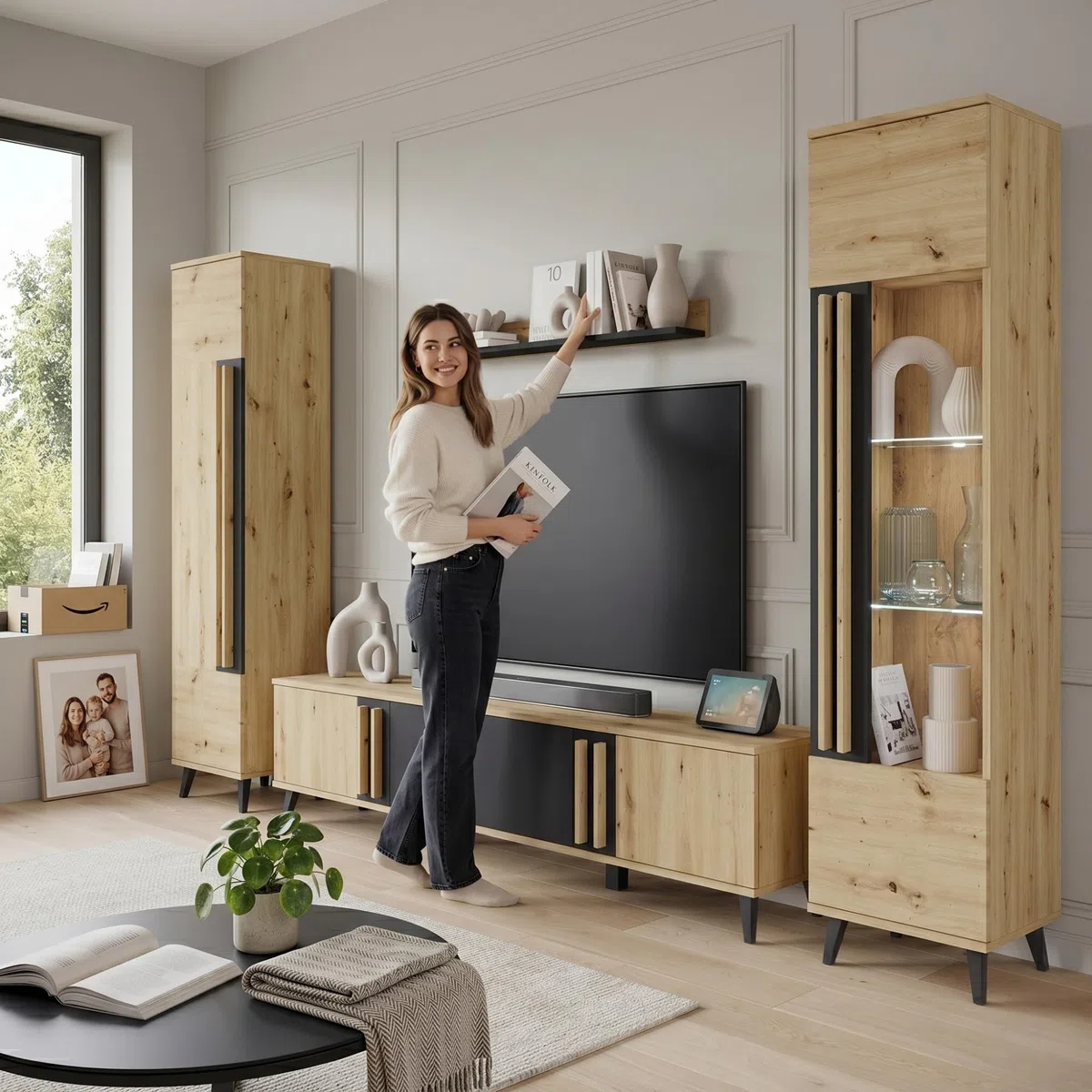 Conjunto Muebles de Salon Modernos Helsinki II - Juego de Mueble TV Salon, Dos Armarios Colgantes y un Estante Colgante - Comedor Completo sin LED