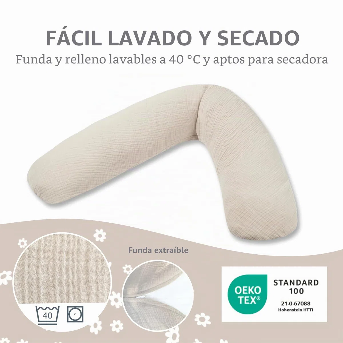 Theraline Almohada Embarazada XXL Dodo Pillow by Cojin Lactancia Bebé con Funda de Muselina de Algodón 180 cm - Relleno de Perlas EPS - Sin Sustancias Nocivas - Lavable a Máquina - Beige