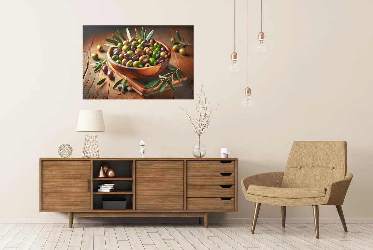 islandburner Prime XXL - Póster de aceitunas y hojas: presentación armoniosa en cuenco de madera de alta calidad
