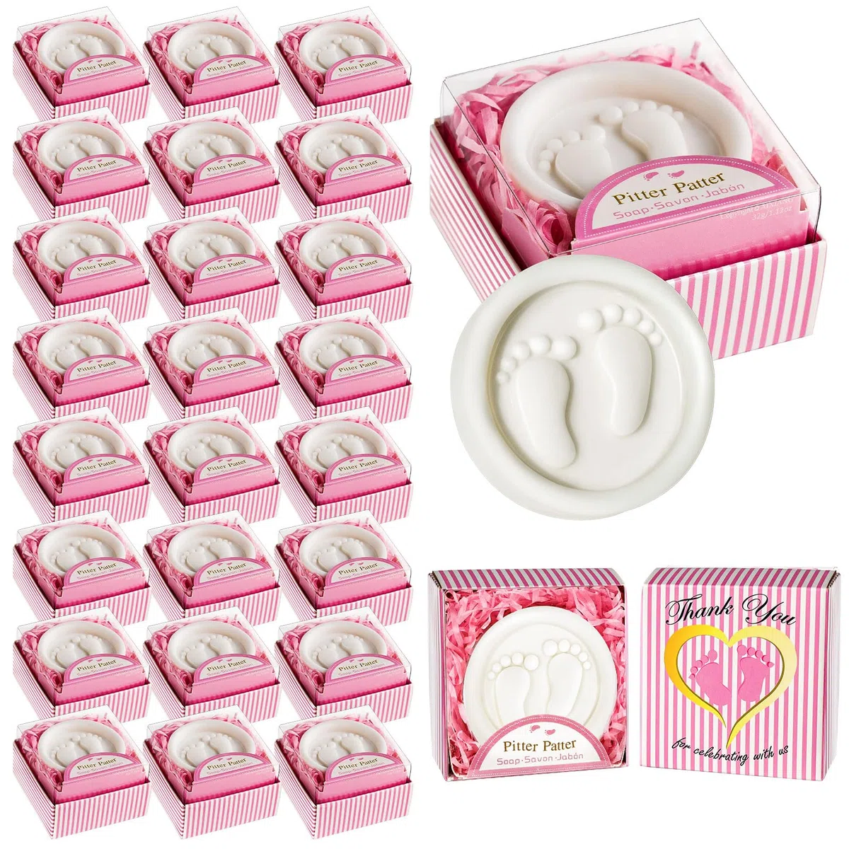 AIXIANG Paquete de 24 jabones hechos a mano Pink Pitter Patter, regalos de baby shower envueltos individualmente con caja de regalo, perfumados para baby shower y decoración