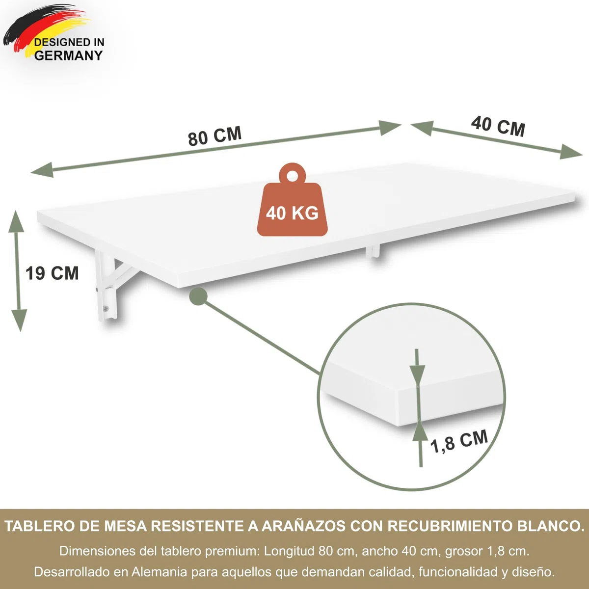 KDR Mesa Plegable de Pared 80 x 40 cm – Mesa abatible Multifuncional Ahorra Espacio, Escritorio Plegable o Mesa de Comedor para Cocina, Oficina o Estudio (Blanco)