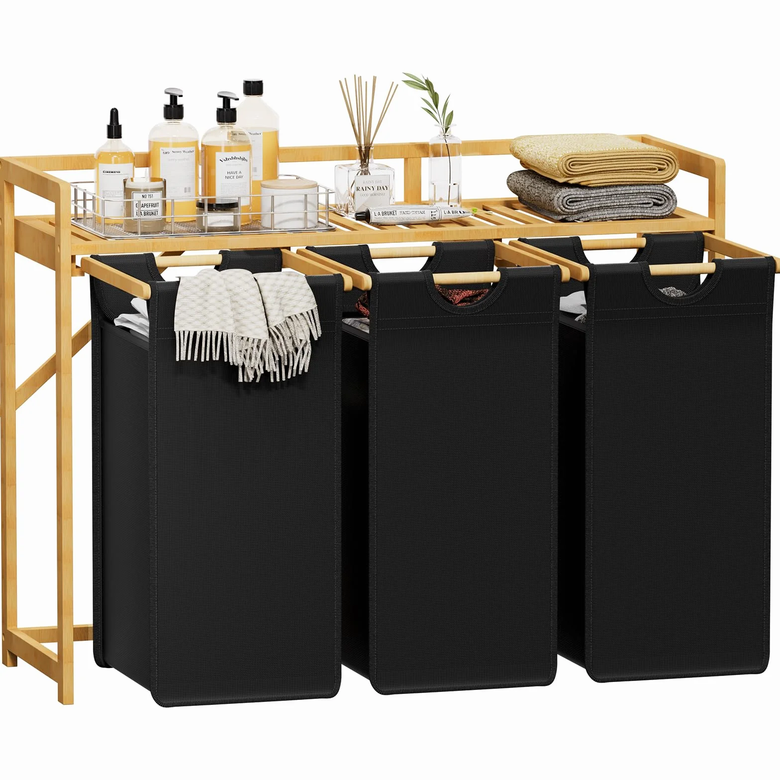 Lifewit Cesto para la Ropa 150L con 3 Compartimentos, Gran Cesta de Ropa con 3 Bolsas Extraíbles, Mueble para Ropa Sucia para Dormitorio, Baño, Lavadero, Negro