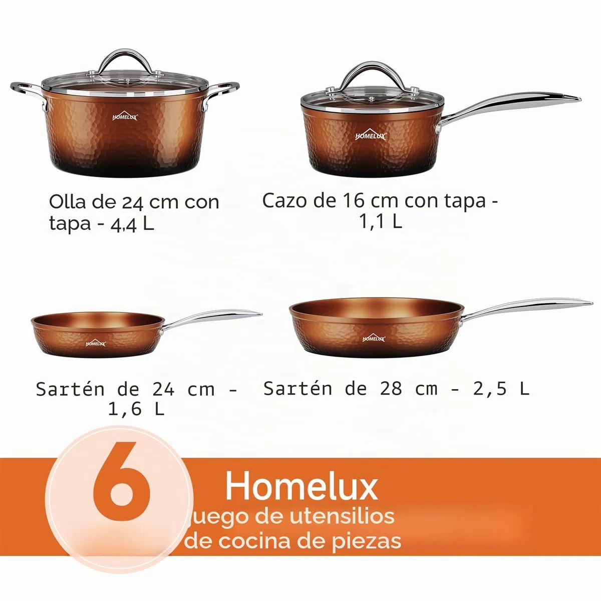 HOMELUX Batería de Cocina Antiadherente, Cobre, Induccion, Juego de Ollas y Sartenes 6 Piezas, con Tapa, Tecnología de Forja, para Todas las Cocinas, Sin PFOA/PFOS/BPA | Utensilios de cocina forjados, para todo tipo de cocinas, degradado en tonos marrones