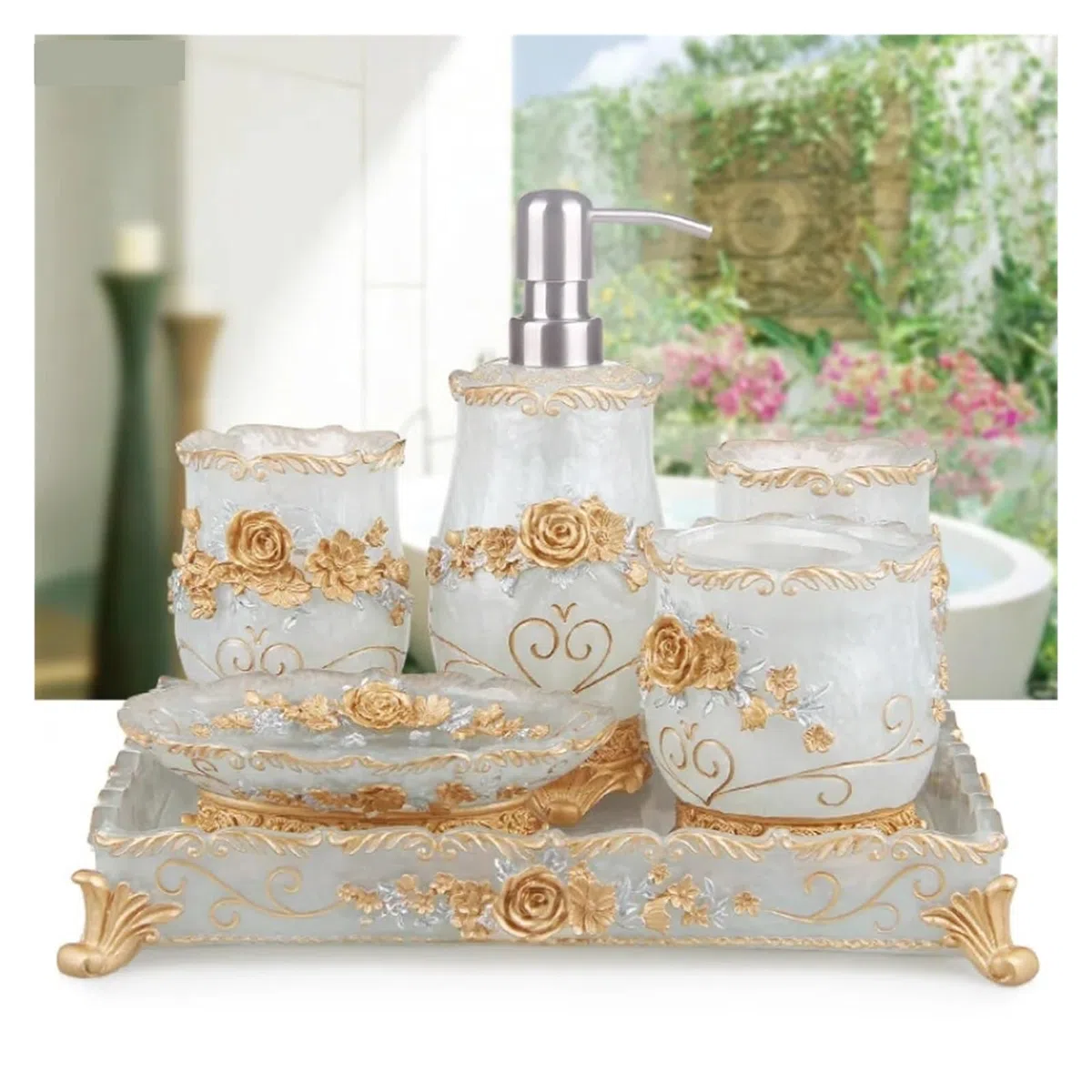 Set de Accesorios de Baño Juego de baño de resina for el hogar, dispensador de jabón, soporte for cepillo de dientes, taza, jabonera, bandeja, cepillo de baño, juego de almacenamiento de papelera(14x1