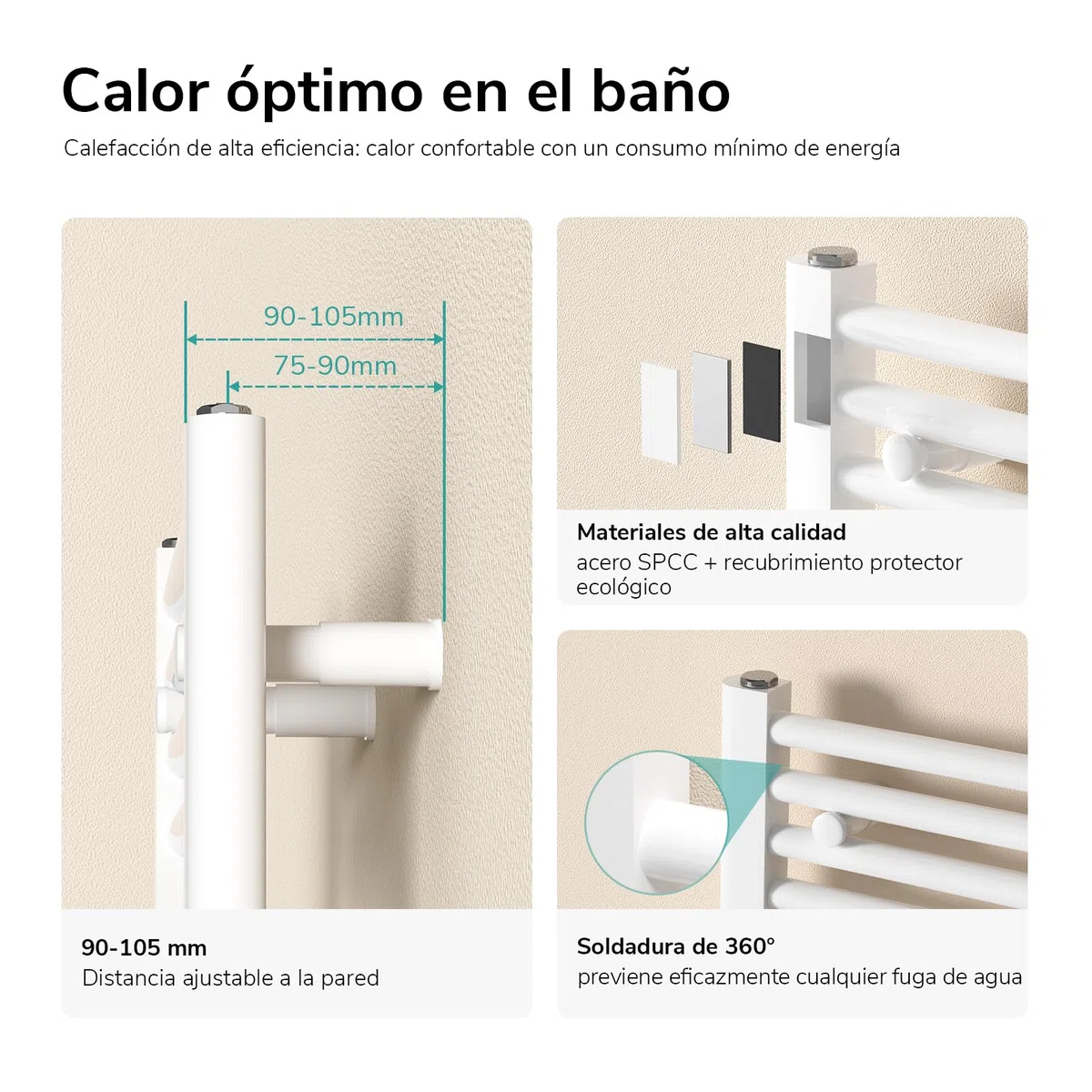 EMKE Toallero Baño Radiador, 120 x 40 cm, Tubo Redondo, Blanco | secador de Toallas con conexión Central, radiador secador de Toallas de Agua Caliente