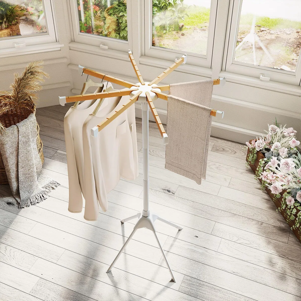 GOPLUS Tendedero Plegable, Tendedero con 8 Barras Extraíbles y 40 Ranuras para Colgar, Soporte para Secar Ropa con Patas Antideslizantes, Perchero de Pie que Ahorra Espacio