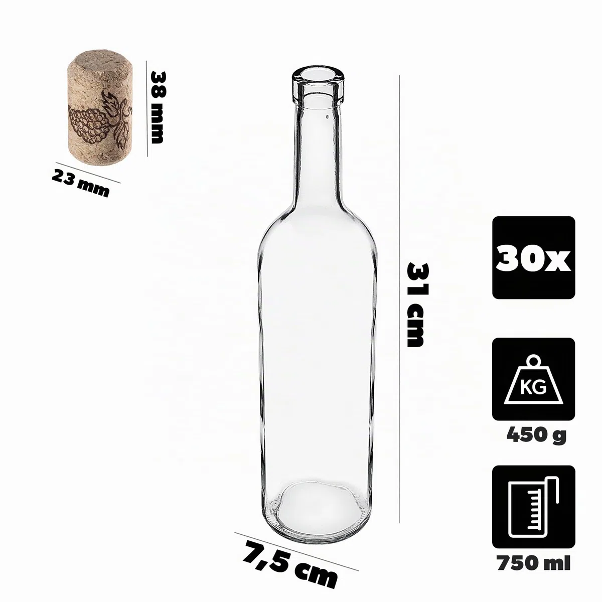 Botellas de vino KADAX 750ml, 30 unidades, botellas de cristal vacías con corcho para vino, licores y espirituosos, botellas de licor de cristal para rellenar (transparente)