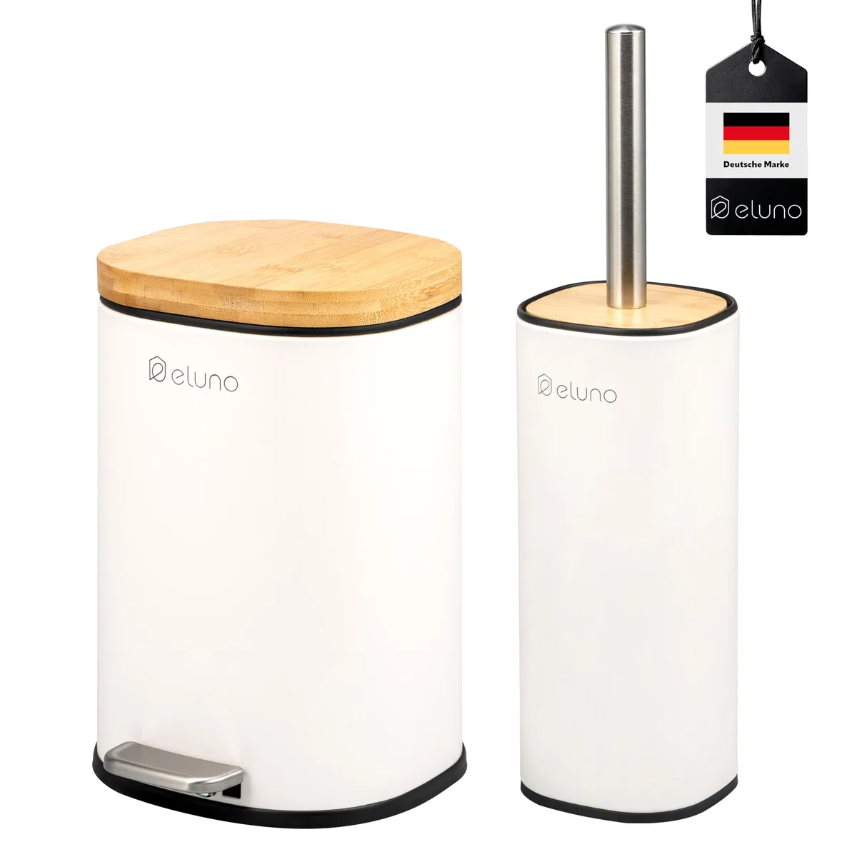 eluno Juego de accesorios de baño Framura, 2 piezas, compuesto por 1 cubo cosmético con tapa de cierre suave y 5 litros de capacidad y 1 juego de inodoro, de metal con tapa de bambú (blanco)