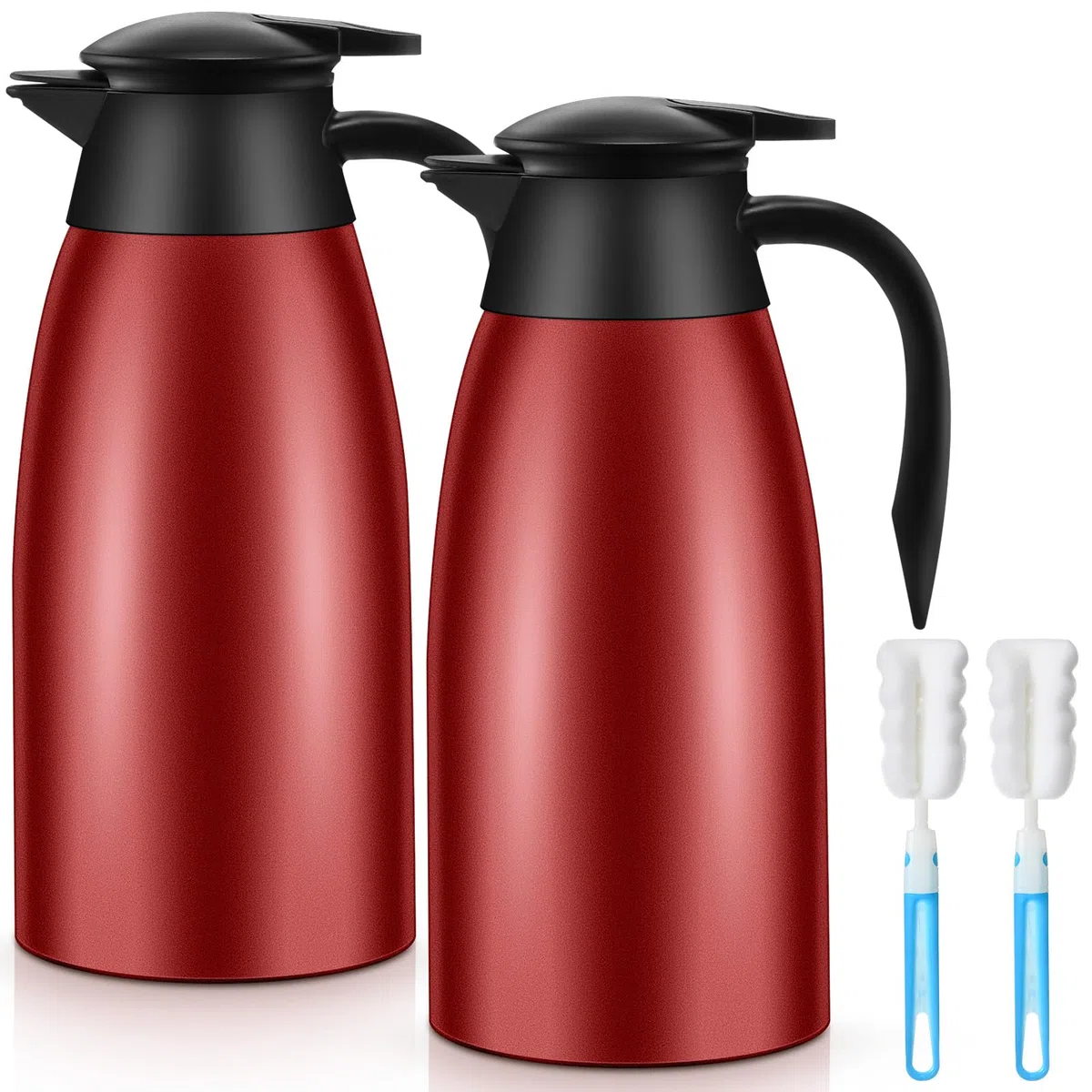 Uiifan 2 jarras térmicas de café de 68 onzas con aislamiento de acero inoxidable, jarra de café térmica de doble pared, jarra de café con cepillos para mantener el café y el té durante 12 horas (rojo