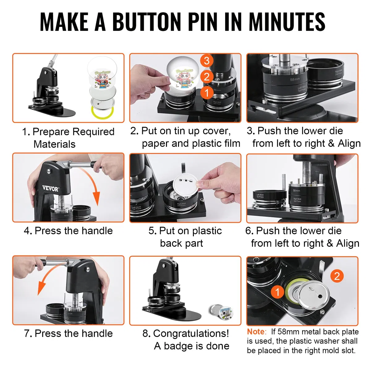 VEVOR Máquina para Hacer Botones de 32 mm y 58 mm Prensa para Chapas con 500 Kits de Botones con Libro Mágico y Cortador de Círculos Máquina para Hacer Chapas de Aluminio y ABS Kit de Personalización