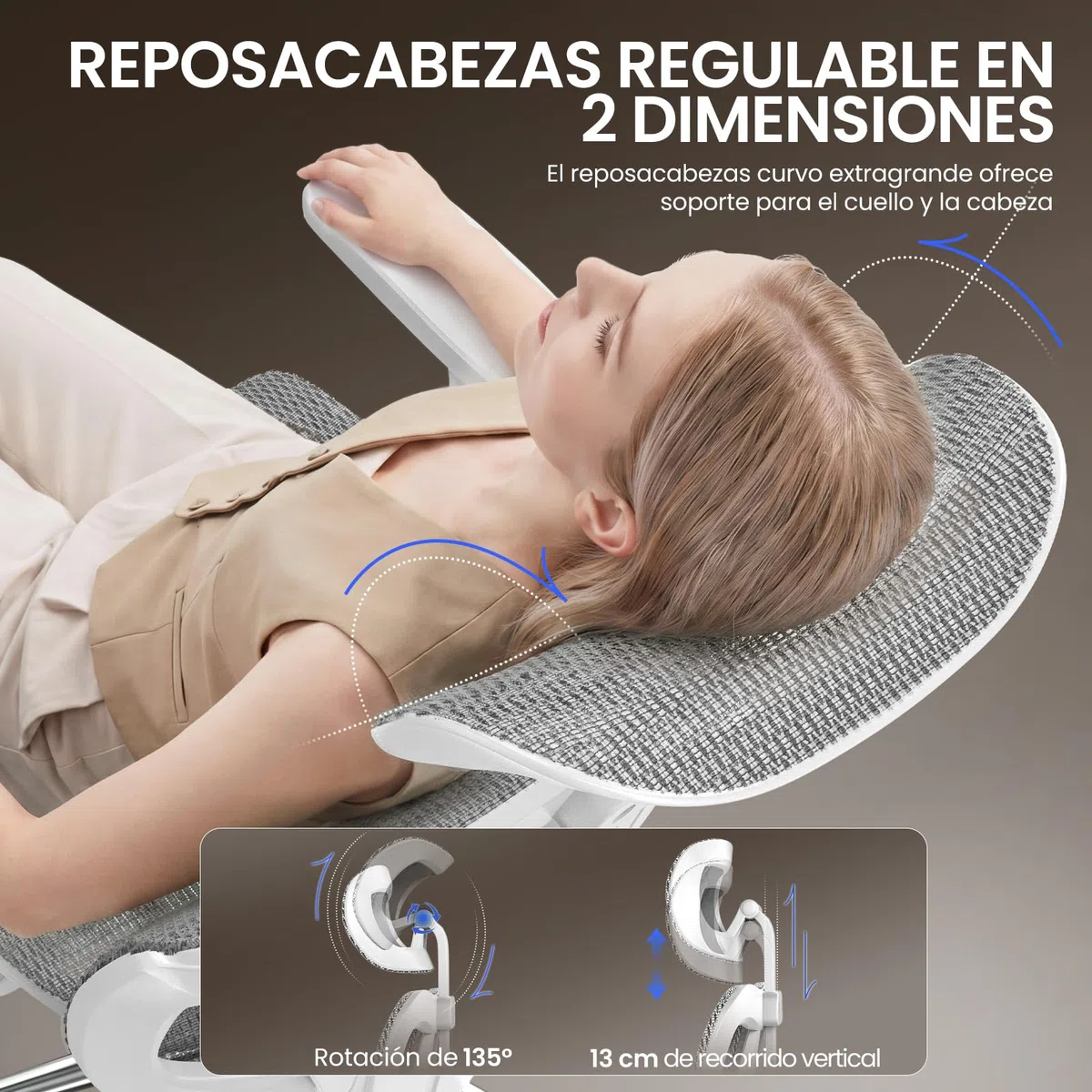 naspaluro Silla de Oficina Ergonómica con Reposacabezas, Respaldo Ajustable en 3 Posiciones, Carga hasta 150kg, Silla de Escritorio para Oficina y Home Office, Gris Claro
