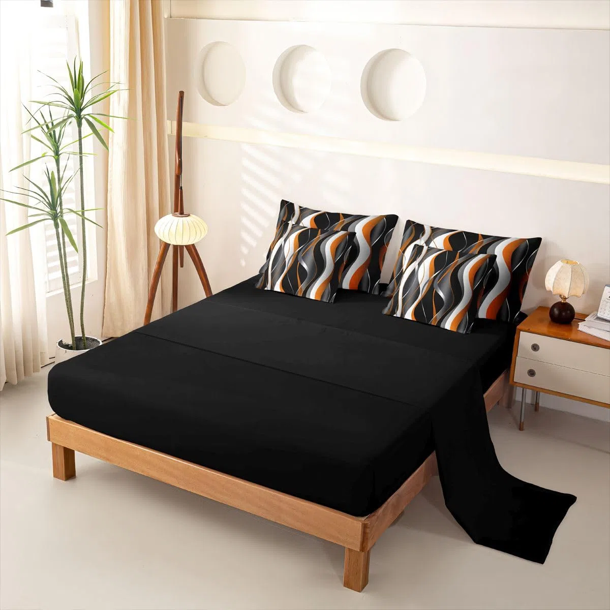 Loussiesd Juego de funda de edredón de 7 piezas, diseño geométrico en espiral, color naranja, gris y negro, juego de ropa de cama con funda de edredón, sábanas, fundas de almohada y fundas de cojín