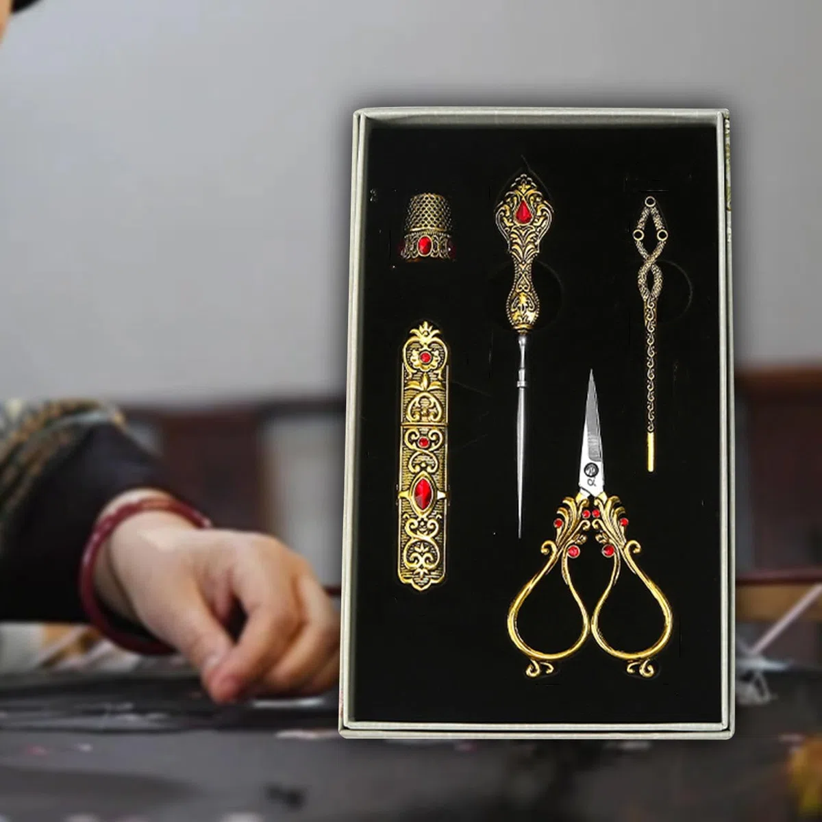 Kit de Bordado, Kit de Costura, Herramientas de Costura, Estuche Portátil para Agujas, Juego de Tijeras de Costura, Tijeras de Sastre para Manualidade, Oro, Individual