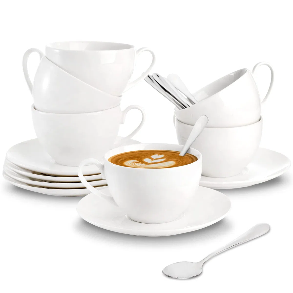 Foraineam Juego de 6 tazas de café expreso con platillos y cucharas, juego de tazas de té blanco de 6 onzas, taza de café de porcelana y platillo con cuchara de acero inoxidable para bebidas de café