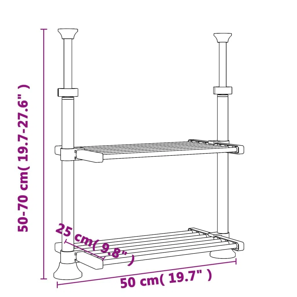 Estantería de cocina de aluminio plateada, 50 x 25 x 50 – 70 cm, altura regulable, con 2 estantes, para cocina y salón como organizador y recipiente de almacenamiento para alimentos y juguetes