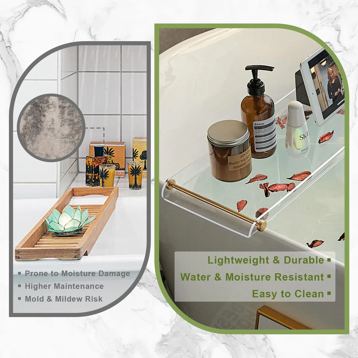 SHUNLI - Bandeja de acrílico para bañera, Estante Transparente para bañera con Mango Dorado, Organizador de baño de Lujo para Tablet
