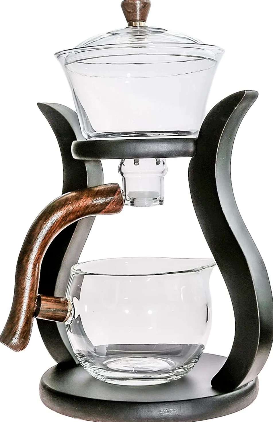 RORA Tetera de vidrio semiautomática con tapa giratoria para flujo de agua magnético, juego de tetera de vidrio de madera con 6 cuencos (tetera con 6 tazas)