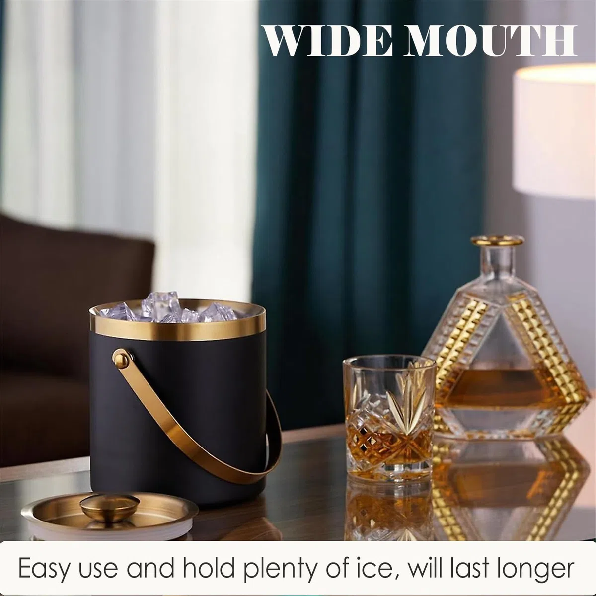 Cubo de hielo aislado con tapa, asa y pinzas, cubo de champán de acero inoxidable negro dorado para fiestas, 3 L, accesorios para mantener las bebidas frías