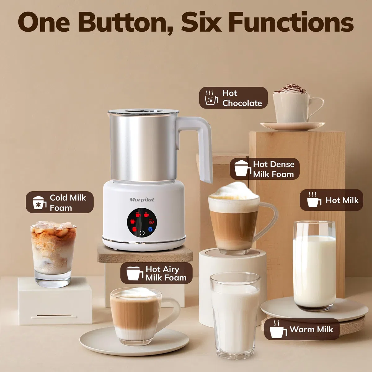 Morpilot Espumador de Leche Eléctrico 500ML Calentador de Leche 6 en 1, para Espuma Caliente y Fría, Chocolate Caliente, Latte, Capuchino y Macchiato, Apto para Lavajillas, Acero Inoxidable, Blanco
