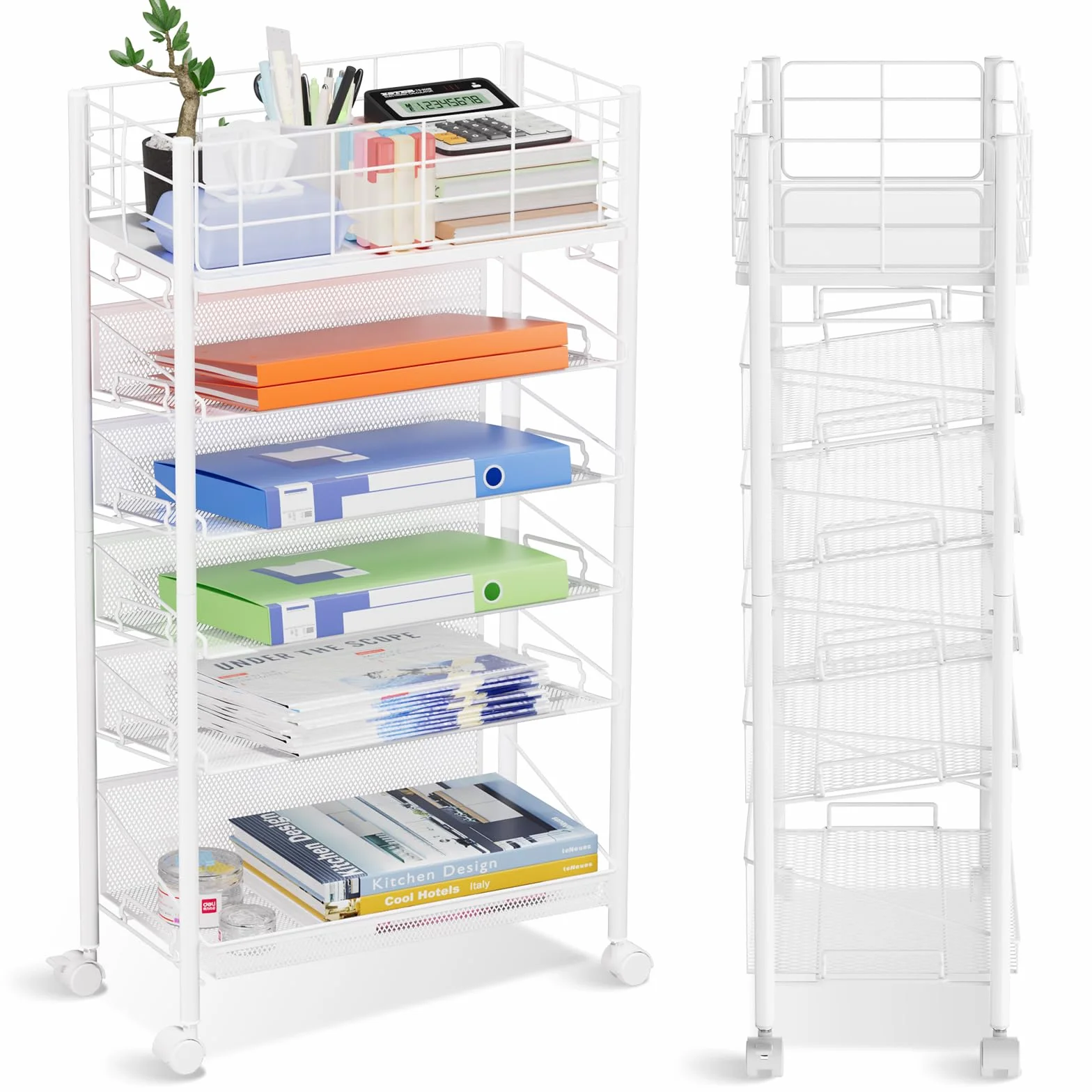 Carrito móvil de archivos con ruedas, carro de archivos de metal de 6 niveles para junto al escritorio, carrito de libros móvil con ruedas para oficina, hogar, escuela, biblioteca, sala de profesores