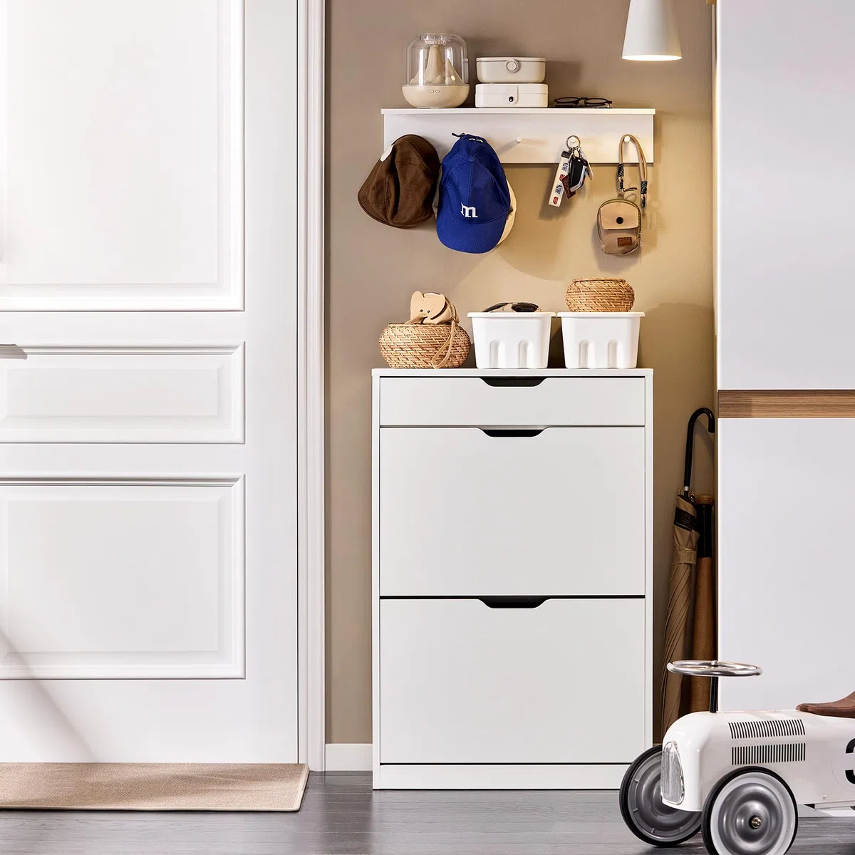 SoBuy Zapatero Estrecho con cajón 60x30x90cm para recibidor | Mueble zapatero con cajón y puertas abatibles para 8 pares, estantes ajustables, blanco FSR180-W