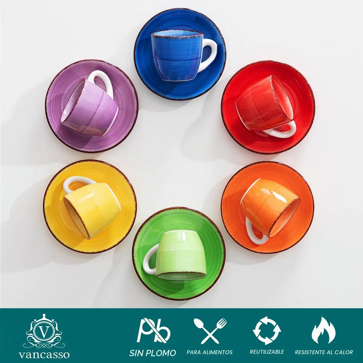 vancasso Cuenco de cerámica, Juego de Tazas vancasso BONITA 12 piezas, Tazas de Espresso, Servicio de Café para 6 personas, Juego de Tazas, platillos, Estilo Arcoíris
