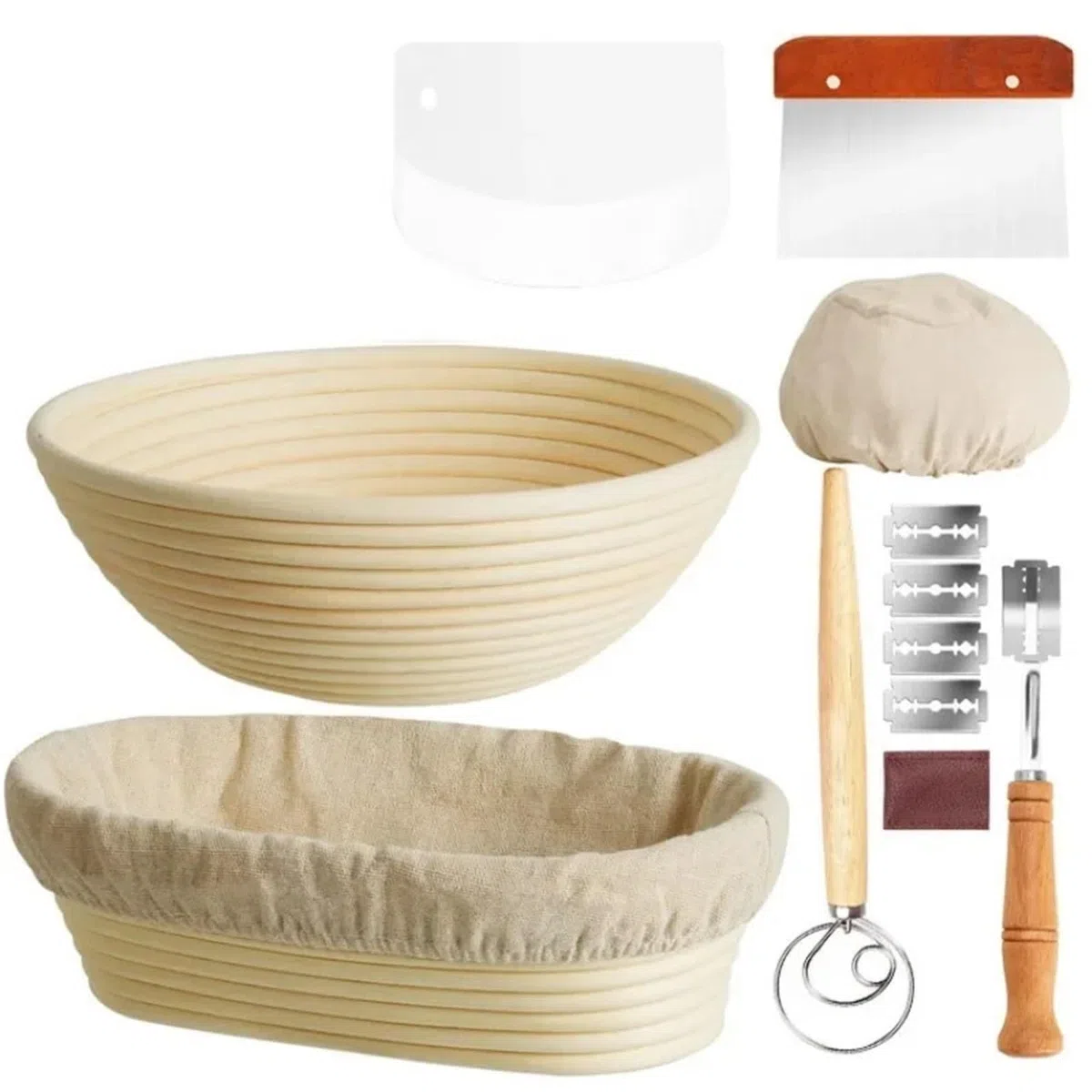 Kit de iniciación levadura, juego cestas fermentación redondas, raspador, mezclador for hornear, cortador y batidor Para Pan