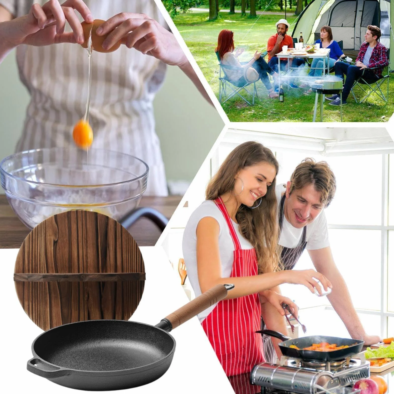 Genérico Sartén Hierro Fundido Con Tapa Olla Portátil Con Mango De Madera | Plancha Grill Cocina Para Sellar Hornear Cocinar Acampar Cocina Hogar Tortilla Pescado Huevos Panqueques