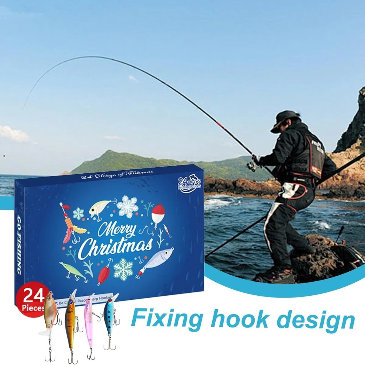 Calendario de Adviento de Navidad 2024 para adultos, hombres, adolescentes y niños, 24 días de Navidad, cuenta regresiva, señuelo de pesca, juego de aparejos de pesca sorpresa de Navidad, regalo para