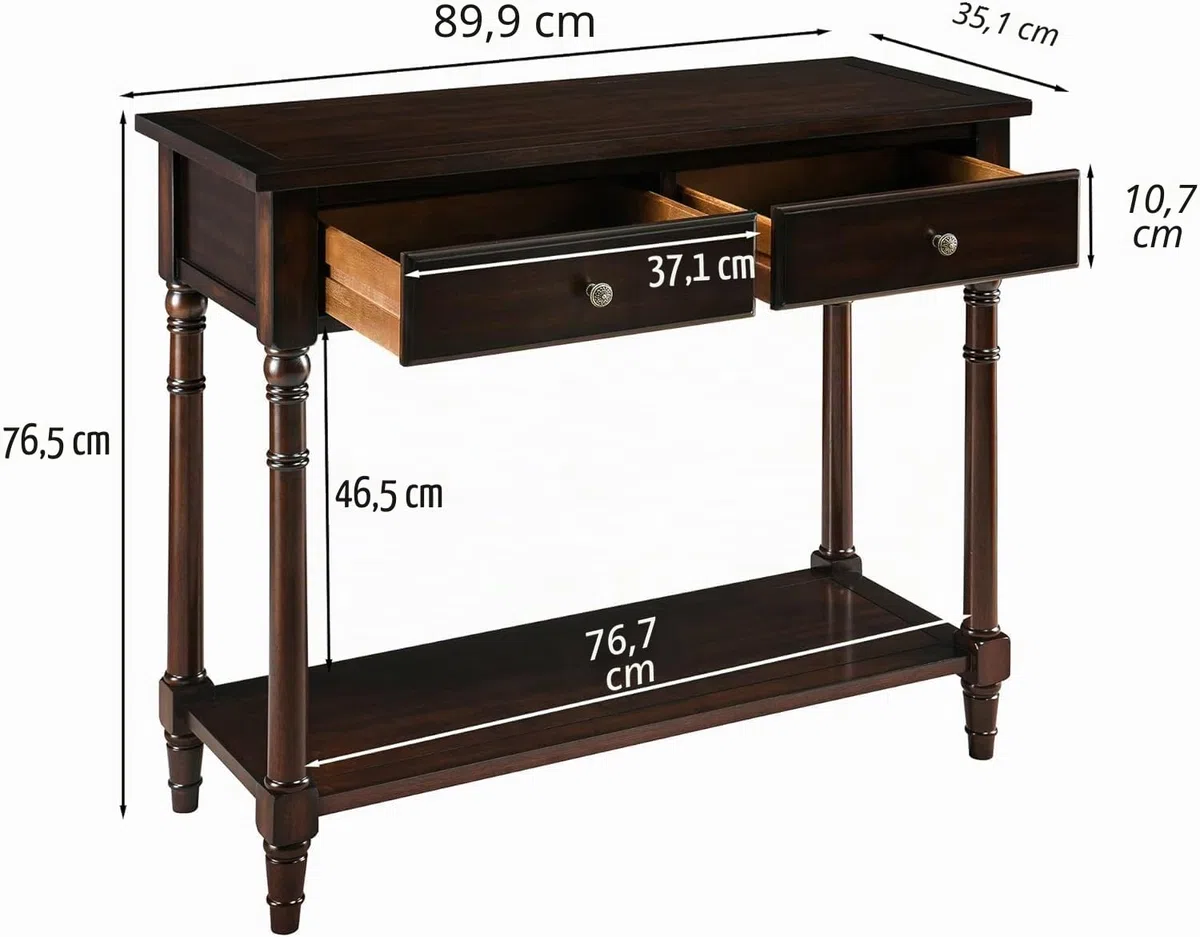 PADMA HOUSE - Mueble de madera maciza con 2 cajones, mesa consola con estante de consola de entrada de pasillo estrecho para 2 niveles, mesa de entrada a salón (marrón)