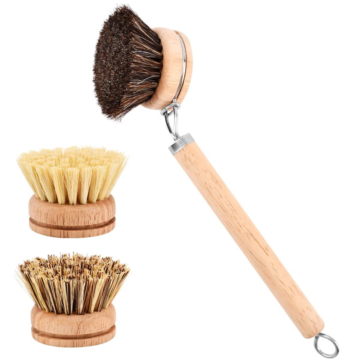 Juego de cepillos de bambú para platos, 1 mango de madera con 3 cabezales de cerdas naturales, cepillo multiusos de cocina con sisal y crin de caballo de palma para limpiar platos, sartenes y verduras