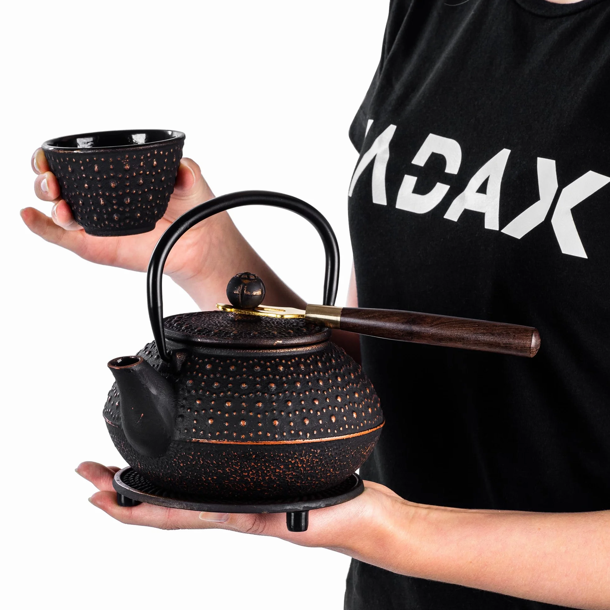 KADAX Tetera japonesa de 0,8 l con 4 tazas de té para té suelto, juego de té japonés de hierro fundido, tetera de hierro fundido con colador, tapa, asa y posavasos (negro)